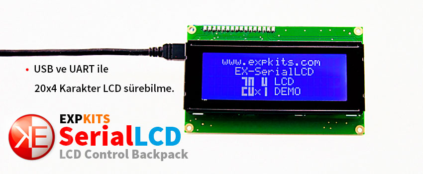 Expkits EX-SerialLCD, 16x2, 16x4, 20x4 ve 128x64 LCD Desteği