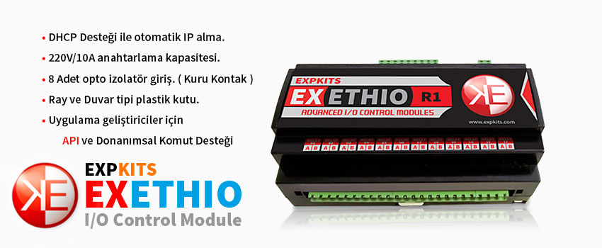 Expkits ETHIO, DHCP Desteği, 8 adet Opto Giriş, 12 adet 220V 10A Röle Çıkış
